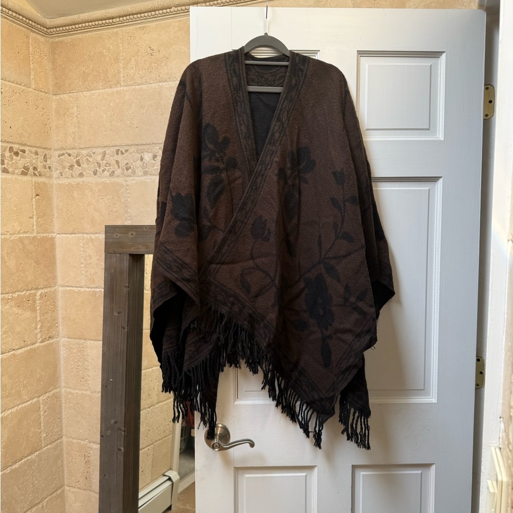 Elegant Brown and Black Reversible Floral Ruana